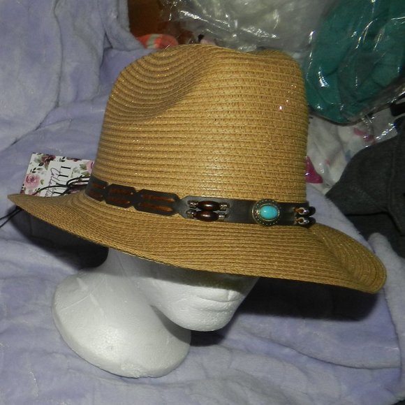 Lulla Collection Wide Brim Woven Straw Hat Beaded Turquoise Band NWT/NEW! - Picture 4 of 14